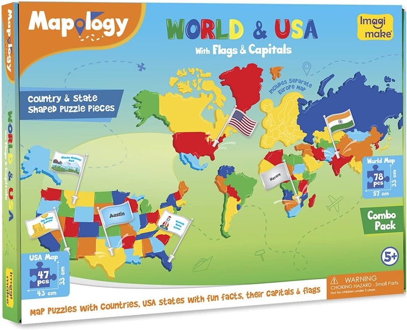 Imagimake Mapology USA & World Map Puzzle with Flags, Capitals, Stickers | Educational Toys for Ages 5-7 | Jigsaw Puzzles for Kids Ages 8-10 | Geography Toys for Age 8-13 | 6 Year Old Boy & Girl Gifts - Image 3